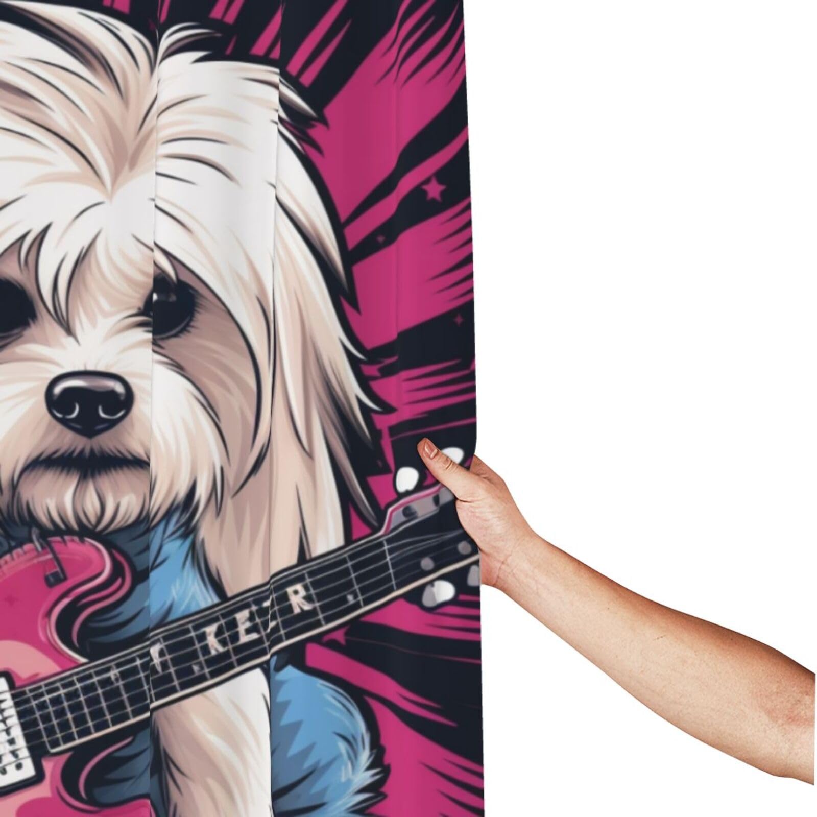 Play Guitar - Cortina de ducha con estampado de perro blanco de 60 x 72 pulgadas, cortina de ducha de tela de poliéster impermeable, decoración de bañera con 12 ganchos, secado rápido, lavable