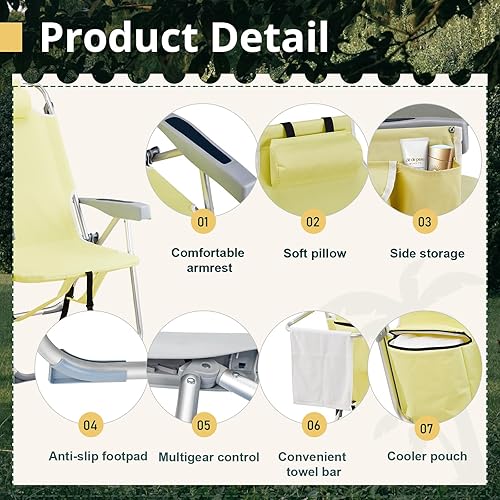 Miniatura 5 de Silla de césped de playa alta para exteriores, silla plegable portátil y ligera para adultos, mochila portátil plegable, con soporte para tazas,