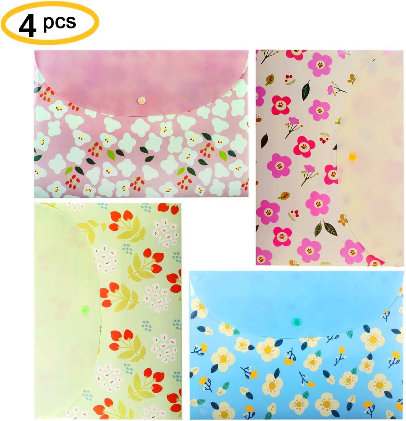 Premium Flower Printed Letter/A4 Booklet Document File Envelope Folder Holder Organizer Bag ,With Snap Button,Soft Plastic Quality,Pack of 4 Pcs,Different Colors,Size 9"*13"