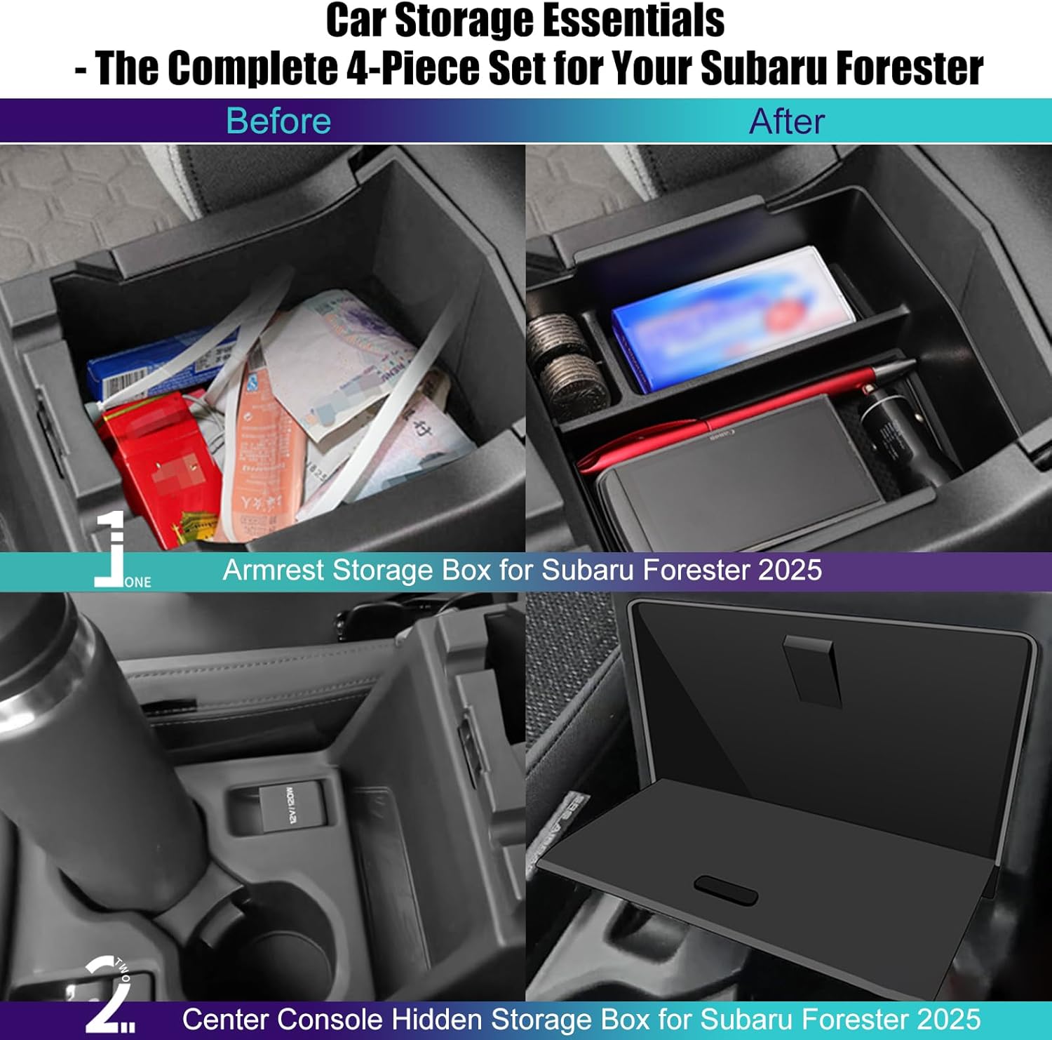 Upgraded Center Console Organizer for Subaru Forester Accessories 2025, Armrest Storage Box + Silicone Cup Holder + Hidden Box + Wireless Charging Protective Pad with Non-Slip Mat 4Pcs Set, Black - Image 2