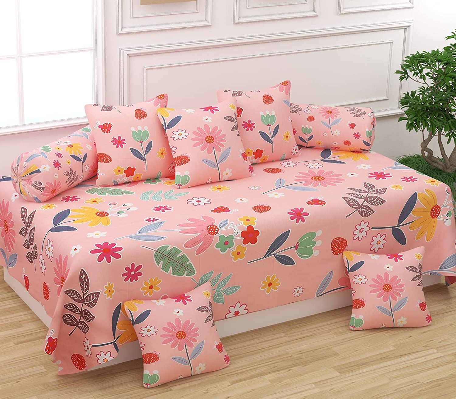 Castiqa Microfiber Fabric 8 Pcs Diwan Set Covers 1 Bedsheet 5 Cushion Covers 2 Bolster Covers (Lite Pink)-image-16
