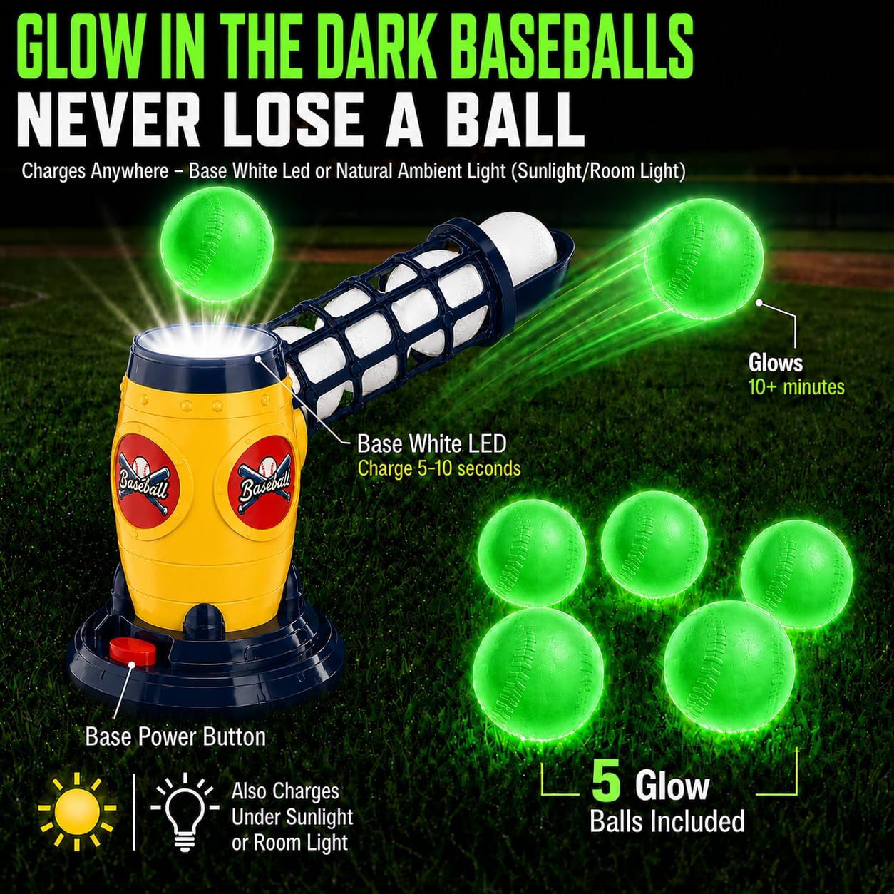 Kids Baseball Auto Pitching Machine T Ball Set, Remote Bat, 5 Glow Balls | Pitch on Demand Baseball Popper Launcher, LED Colorful Bat, Durable ABS, Outdoor Sports Toy Gift Set for Boys Girls Ages 6-12
