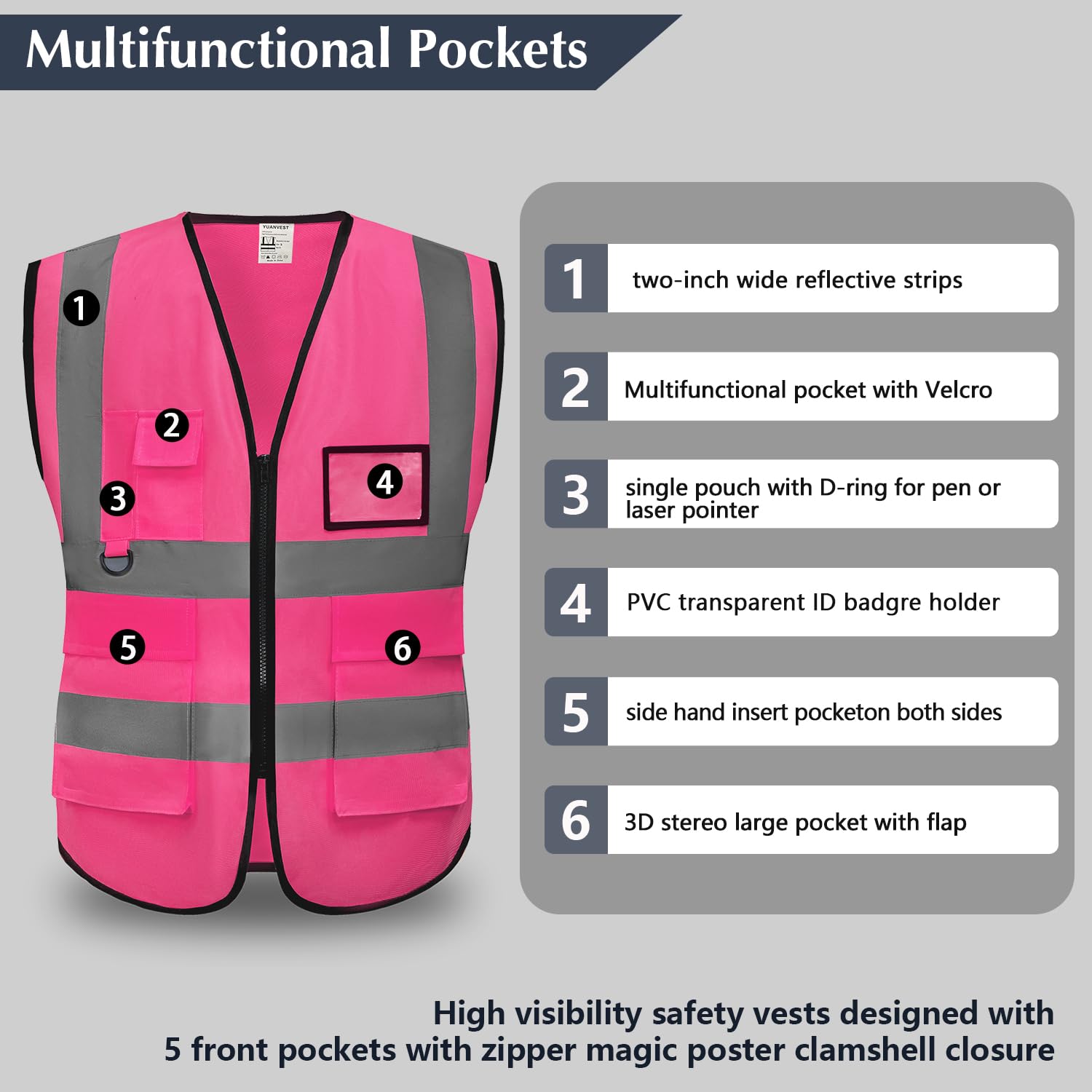 Hi Vis Vests for Men Women 5 Pockets,High Visibility Reflective Safety Security Vest,2-inch Reflective Strip High Visibility Vest,Meets ANSI/ISEA Standards (Pink-Cloth - Image 2