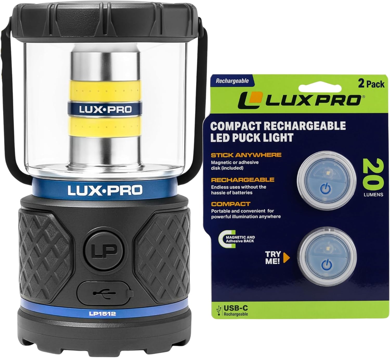 LUXPRO Rechargeable 1100 Lumen LED Lantern + Waterproof Micro LED Rechargeable Puck Lights Bundle – Indoor/Outdoor Emergency & Home Lighting Kit (Lantern + 2-Pack Pucks)
