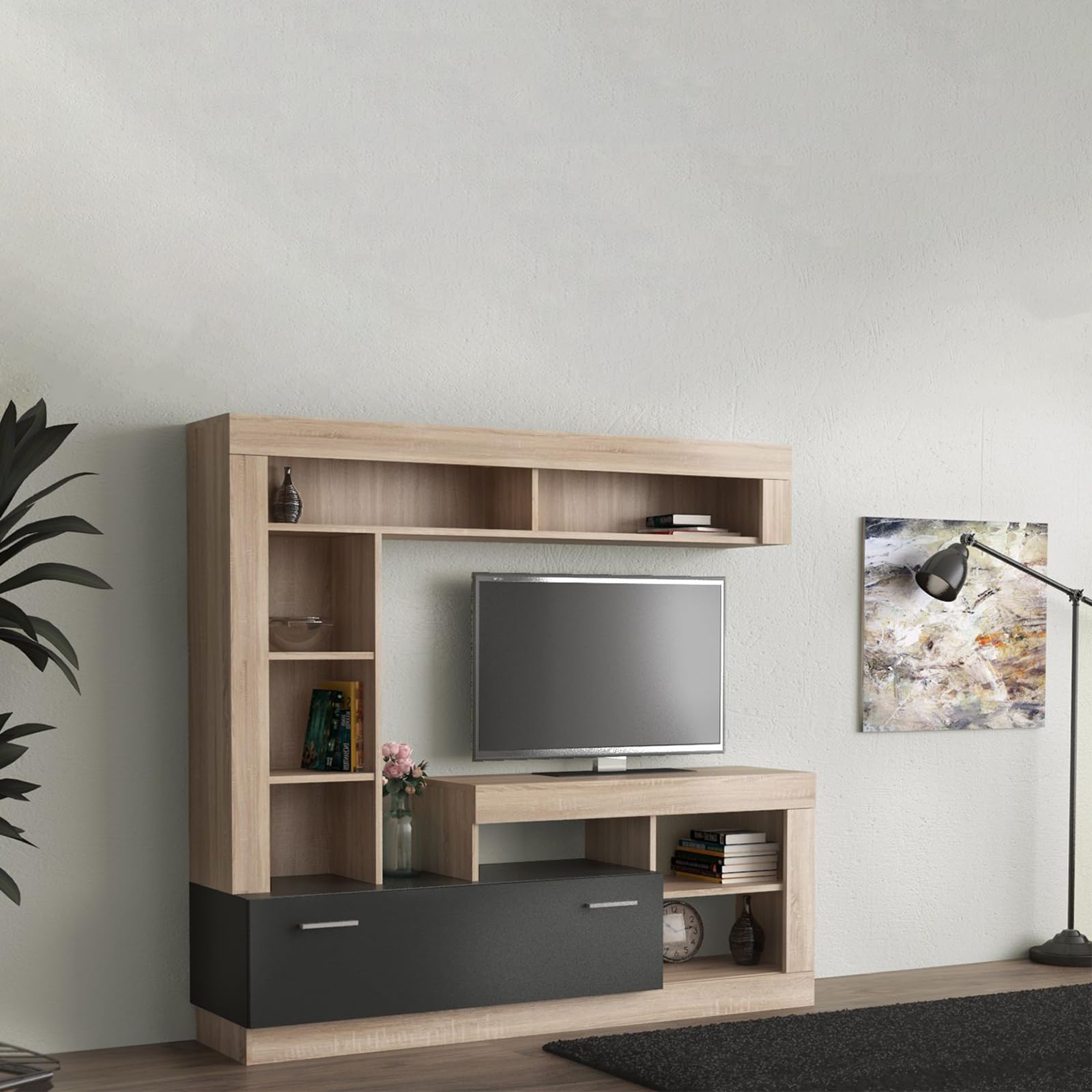 MONDO VIRO Parete attrezzata Living Lea moderna da soggiorno antracite e rovere cm 170x42 170h