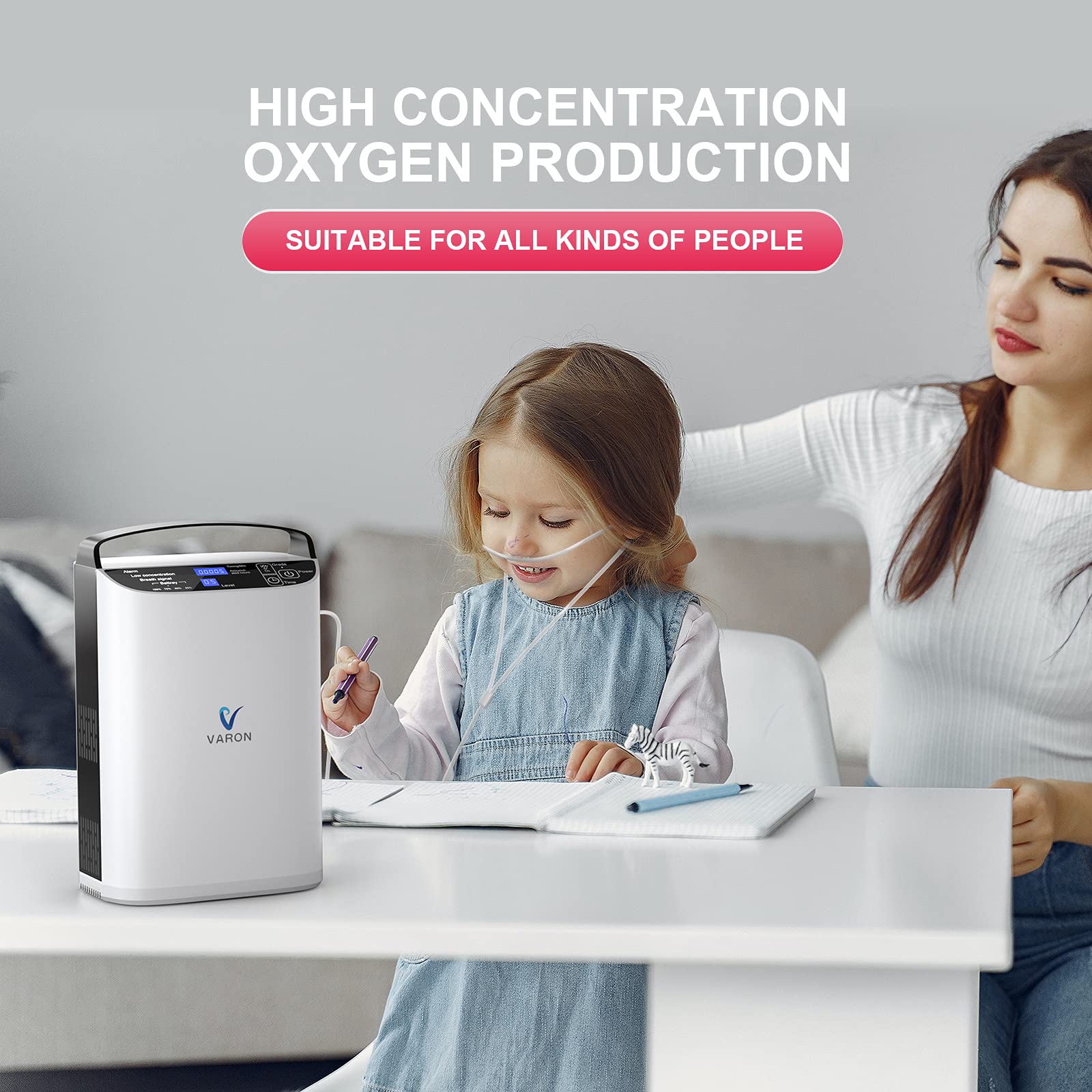 RINRI Concentratore di ossigeno mobile 93% ±3% Concentratore di ossigeno con batteria, flusso di ossigeno regolabile (1-5 file) Concentratore di ossigeno portatile, dispositivo di ossigeno per