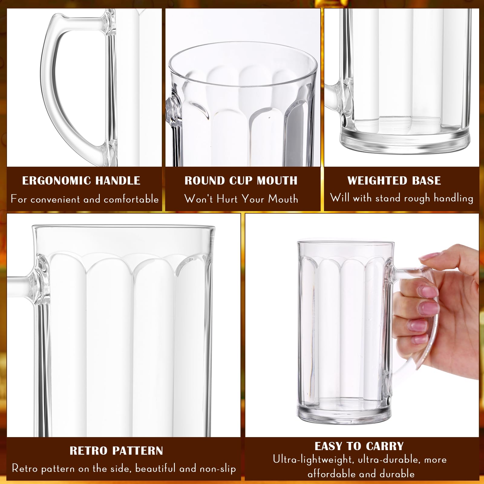 Amazon.com | Domensi 12 Pcs 12 oz Small Plastic Beer Mugs with Handles  Small Clear Plastic Steins Glasses with Handle Reusable Beer Festival  Supplies Classic Mugs for Bar Party Barbecue Wedding: Beer