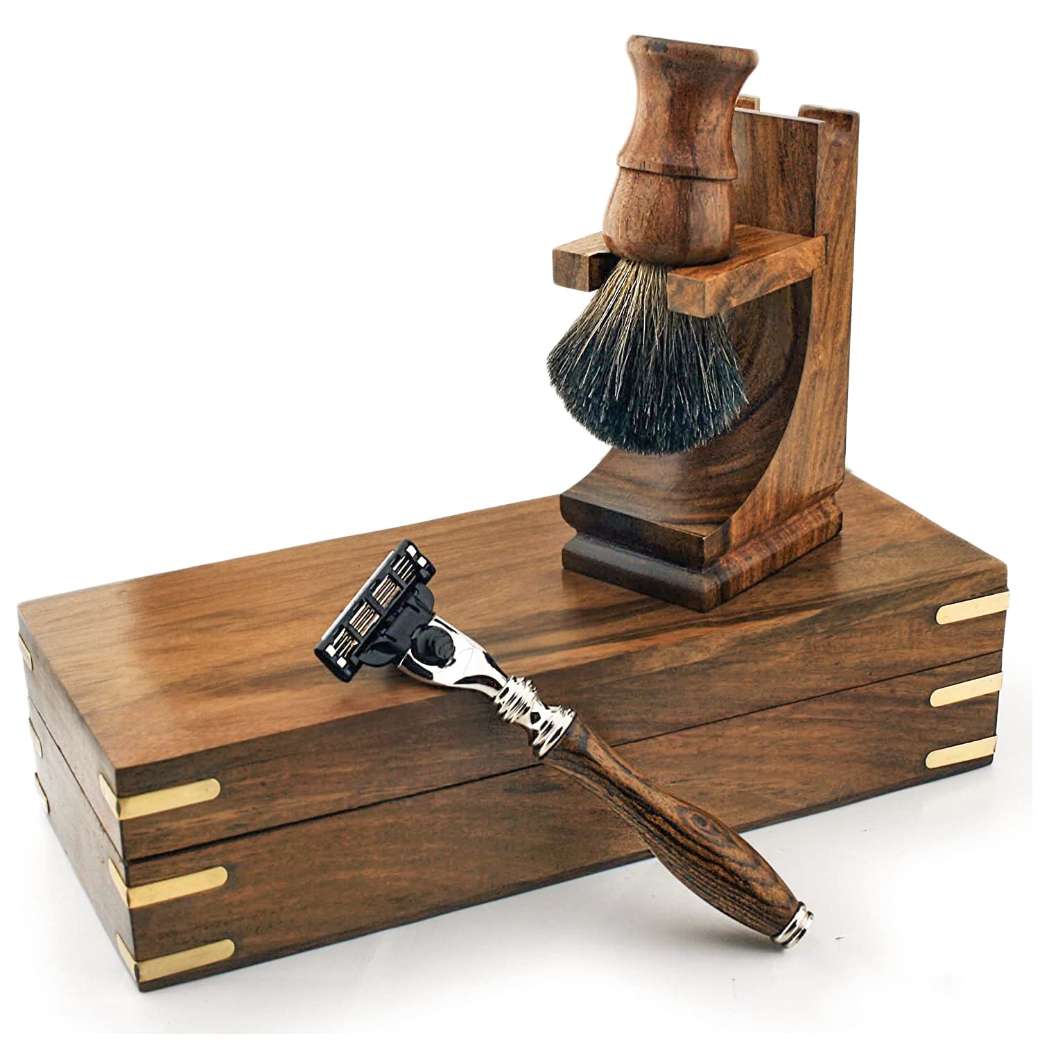 Premium Wooden Shaving Set for Men featuring Triple Edge Cartridge Razor & Pure Black Badger Brush with Stand & Box (View amazon detail page)