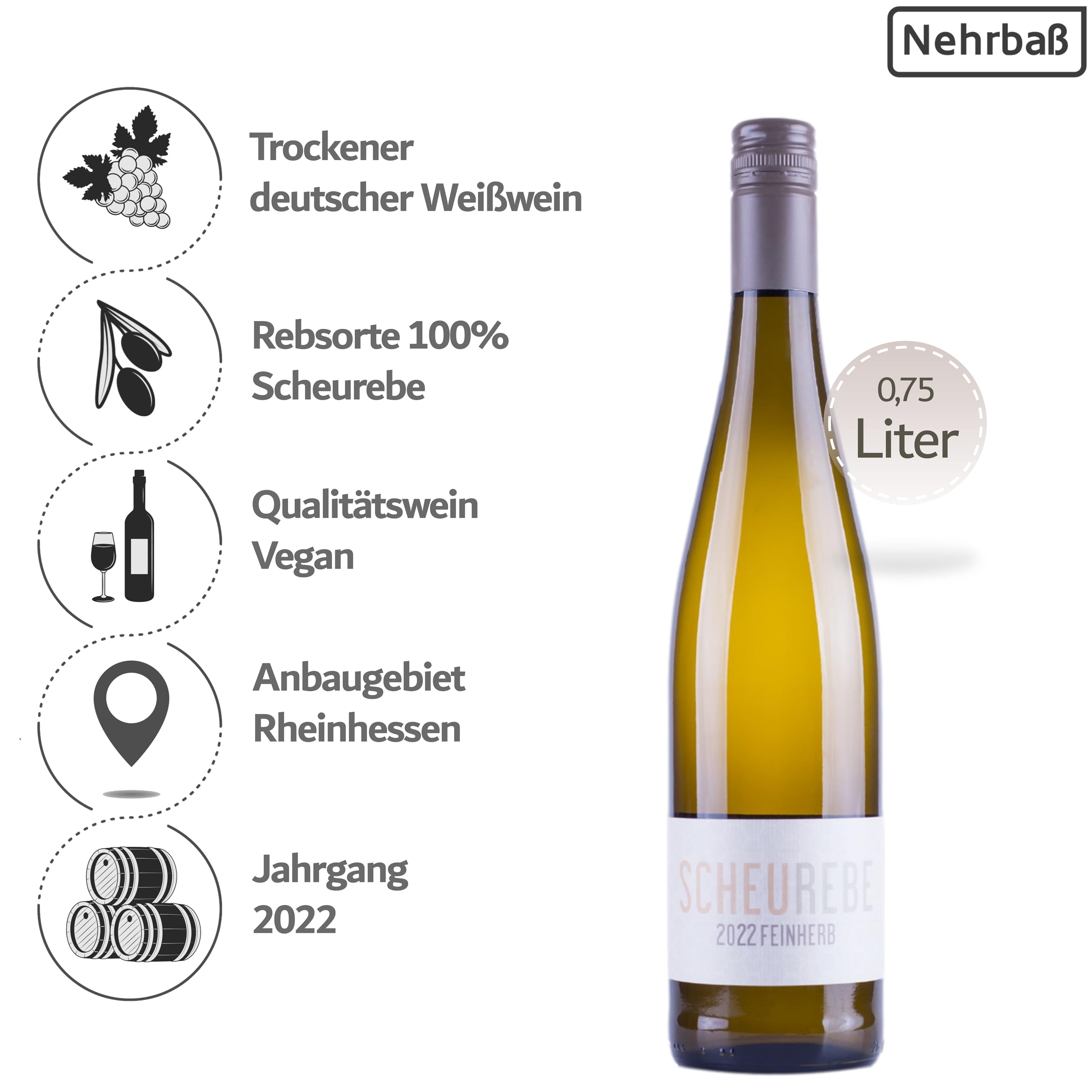 Nehrbaß - Weißwein feinherb - 6er Probierset "fruchtige Weine mit eleganter Restsüße" 6 x 0,75 Liter aus: 2 x Riesling 2022, 2 x Gelber Muskateller 2022, 2 x Scheurebe 2022