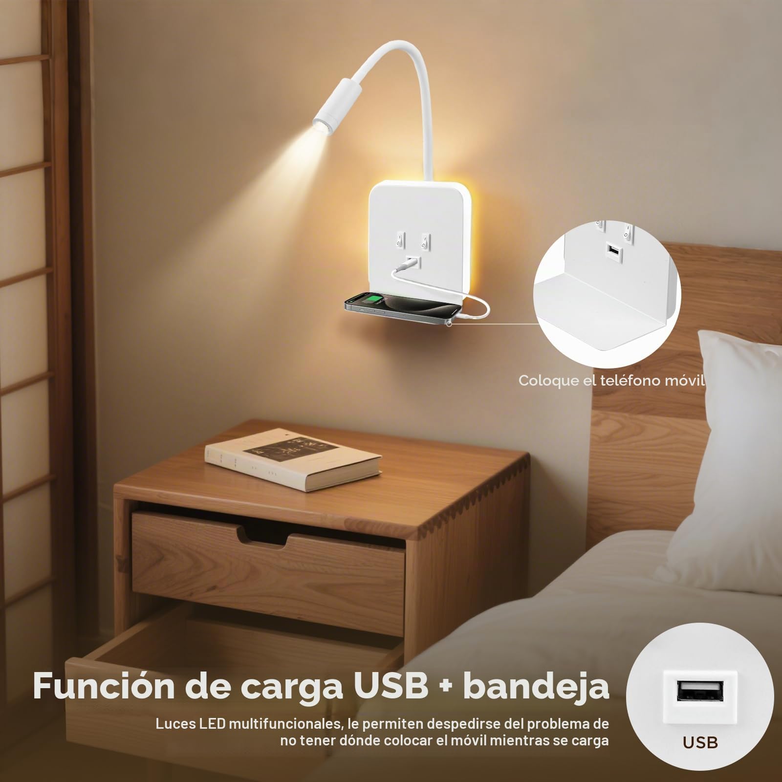 lampara de Pared LED 3W + 9W 3000K, lampara cabecero Cama con Puerto Cargadores USB y Bandeja para teléfono móvil, Apliques Pared Dormitorio Cuello de Cisne de 360°(Weiß, 2 Stück)