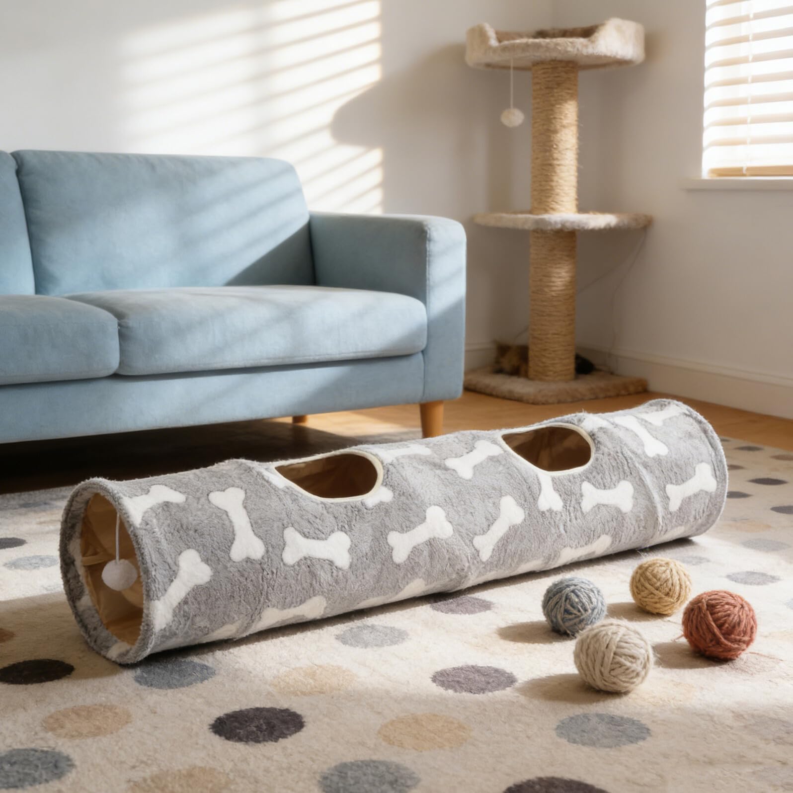Tunnel pour Chat à 2 Trous avec Balle en Peluche Tunnel Droit Pliable en Tissu Résistant Interactif pour Chatons Intérieur Stimulant L'exploration Mouvement