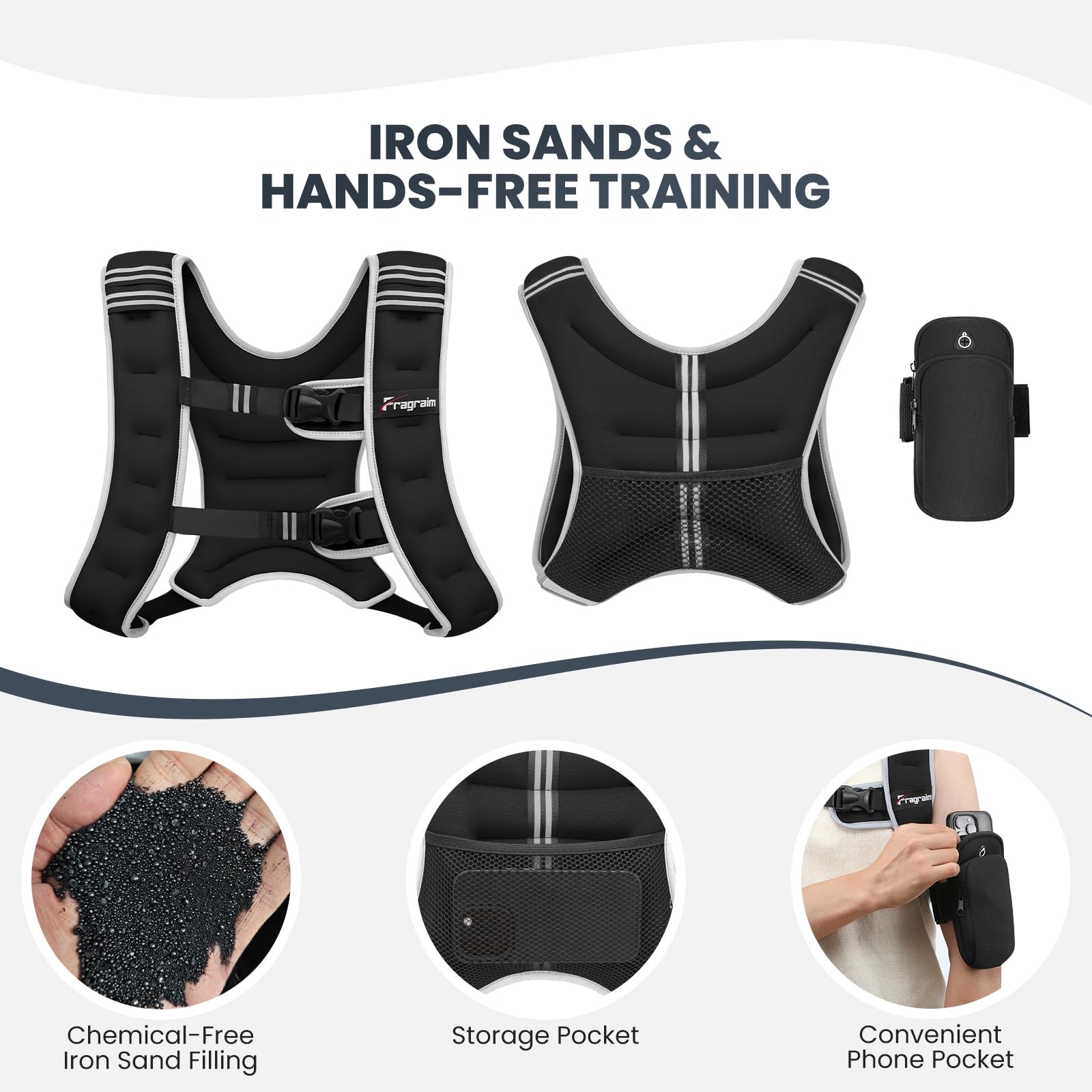 Fragraim Chaleco Lastrado, Chaleco con Peso de 6 kg/8 kg/10 kg/12 kg/16 kg para Mujeres y Hombres con Banda Reflectante, Bolsa para Teléfono Desmontable, Ideal para Caminar, Entrenamiento de Fuerza
