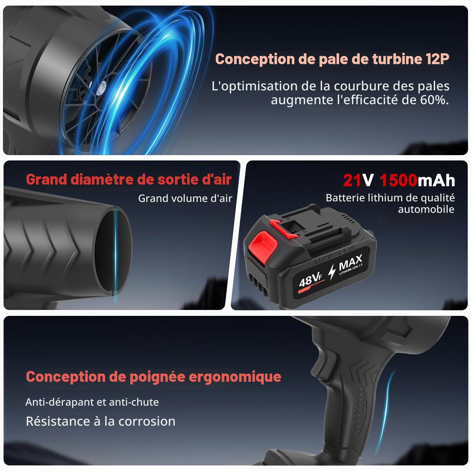 Souffleur De Feuilles sans Fil avec Batterie, 39000tr/Min Souffleur Feuille avec Batterie 1500mah & Chargeur, Souffleurs De Feuilles pour Sécheur De Voiture, Jardin, Poussière, Neige, Nettoyage des