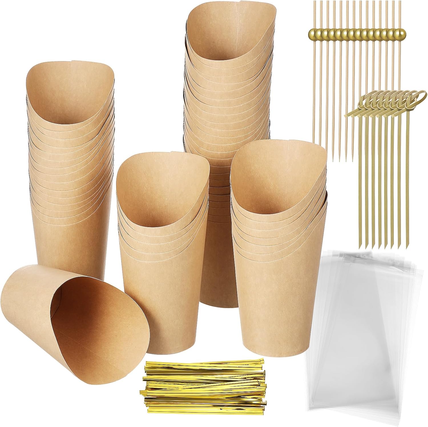 GLEAVI 50 Sets Charcuterie Cups with Sticks and Bags: Brown Kraft Paper Snack Boxes Appetizers Cup French Fry Holder for Individual Party Serving Treats Popcorns Desserts