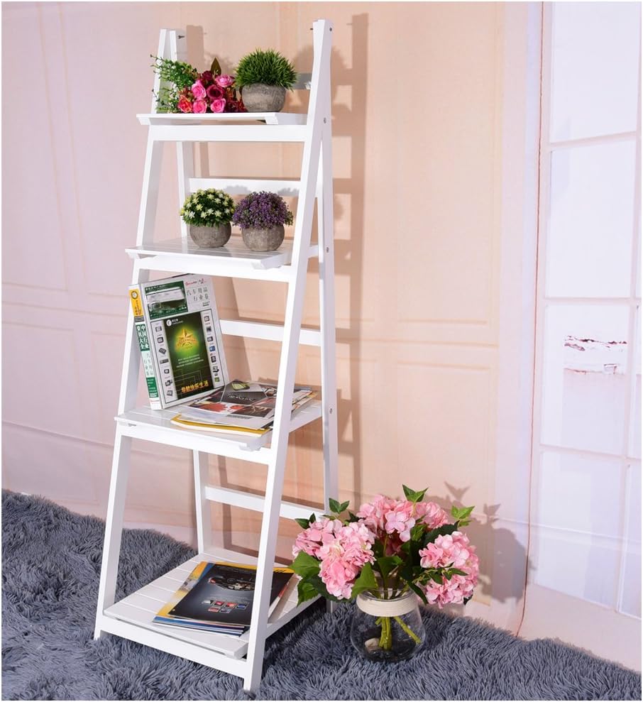 Wood Wooden Bookcase 4 Tier Ladder Shelves Bookshelf Free Standing Shelving Display Shelf Storage Organizer Unit for Living Room Home Office (White)