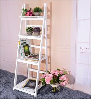 Keinode Ladder Shelf Bookcase Multi Functional 4 Tiers Modern Folding Storage Shelving Unit Decorative Ornament Display Stand Bookshelf for Home Garden Bedroom Living room Bathroom (White)