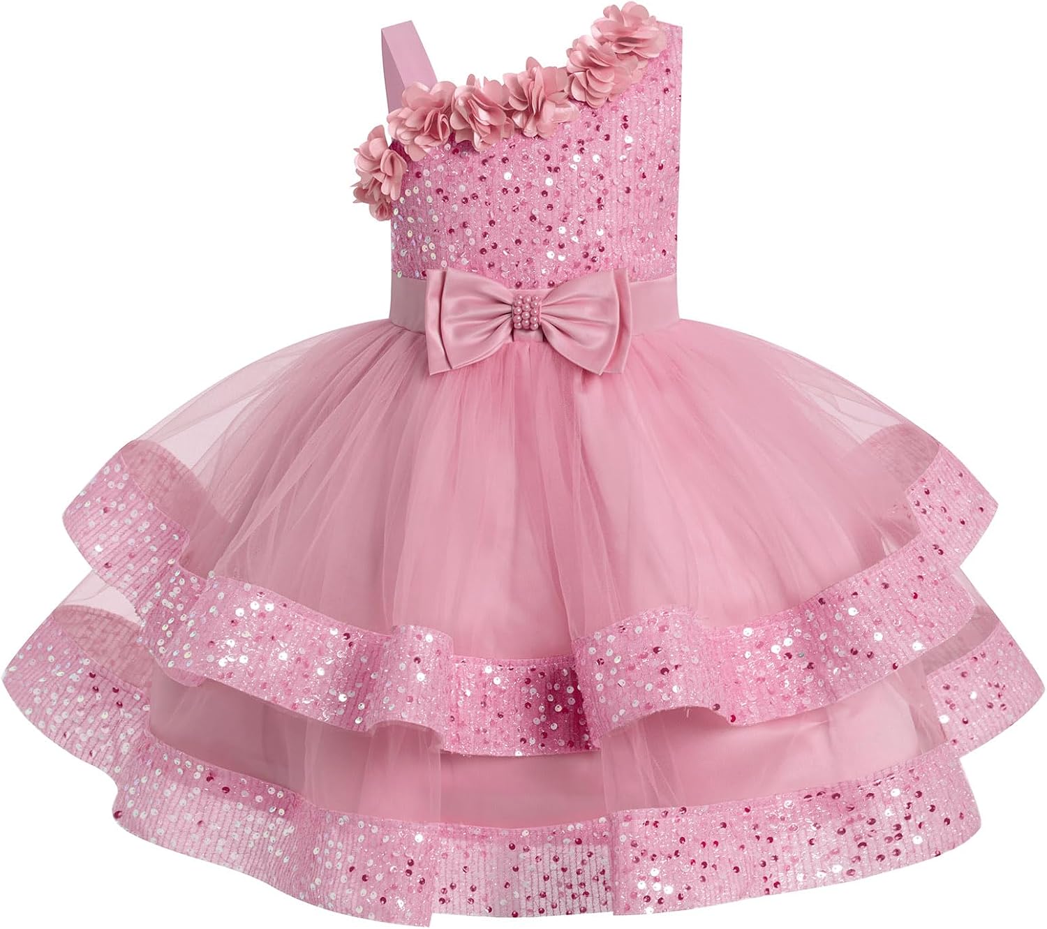 Baby Girl Pageant Sparkle Sequins Dress, 3D Flower Asymmetric Shoulder Party Tiered Tulle Gowns