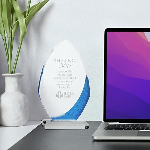 Miniatura 7 de Baudville Trofeo grabado personalizado, acrílico, azul y blanco esmerilado, premio para empleados, añade tu logotipo