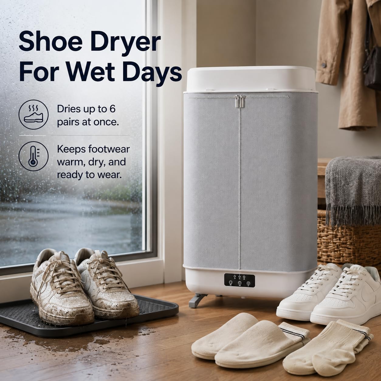 Asciugatore per scarpe pieghevole da 400W, armadietto con controllo touch