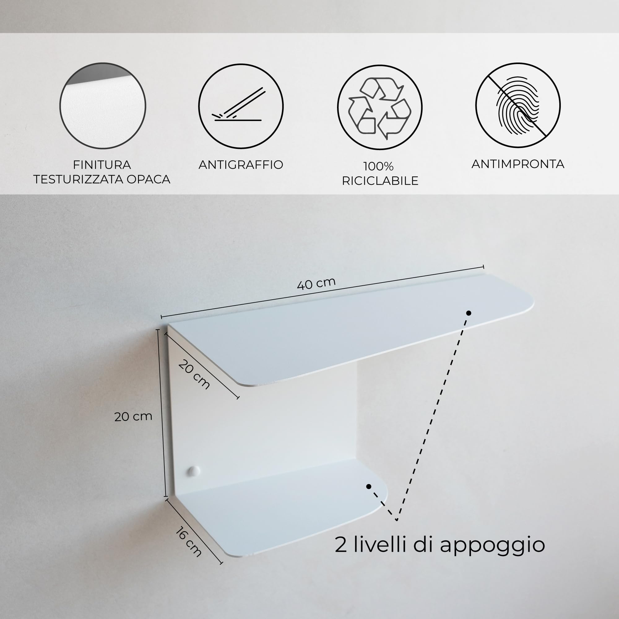MILUKA Set 2 Comodini Camera da letto 40 x 20 cm | Comodino Sospeso con 2 Livelli | Comodino Bianco Ideali come Mensole da muro angolare e Consolle Ingresso (2, Bianco)