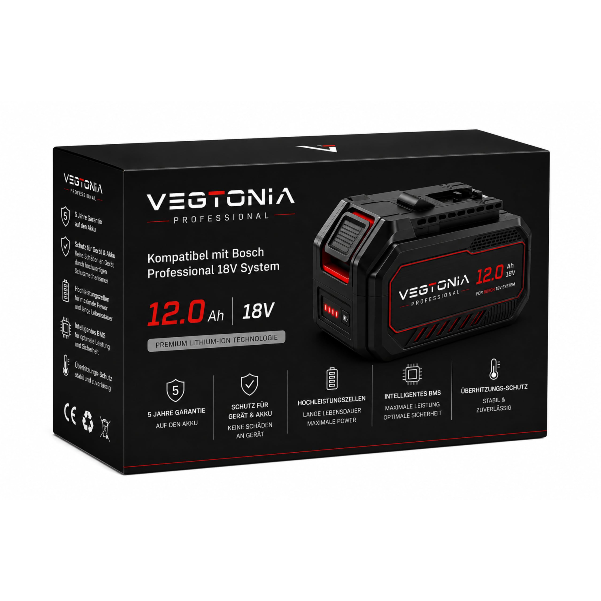 Batteria da 18 V, 12 Ah, compatibile con Bosch Professional 18 V, batteria agli ioni di litio ad alte prestazioni