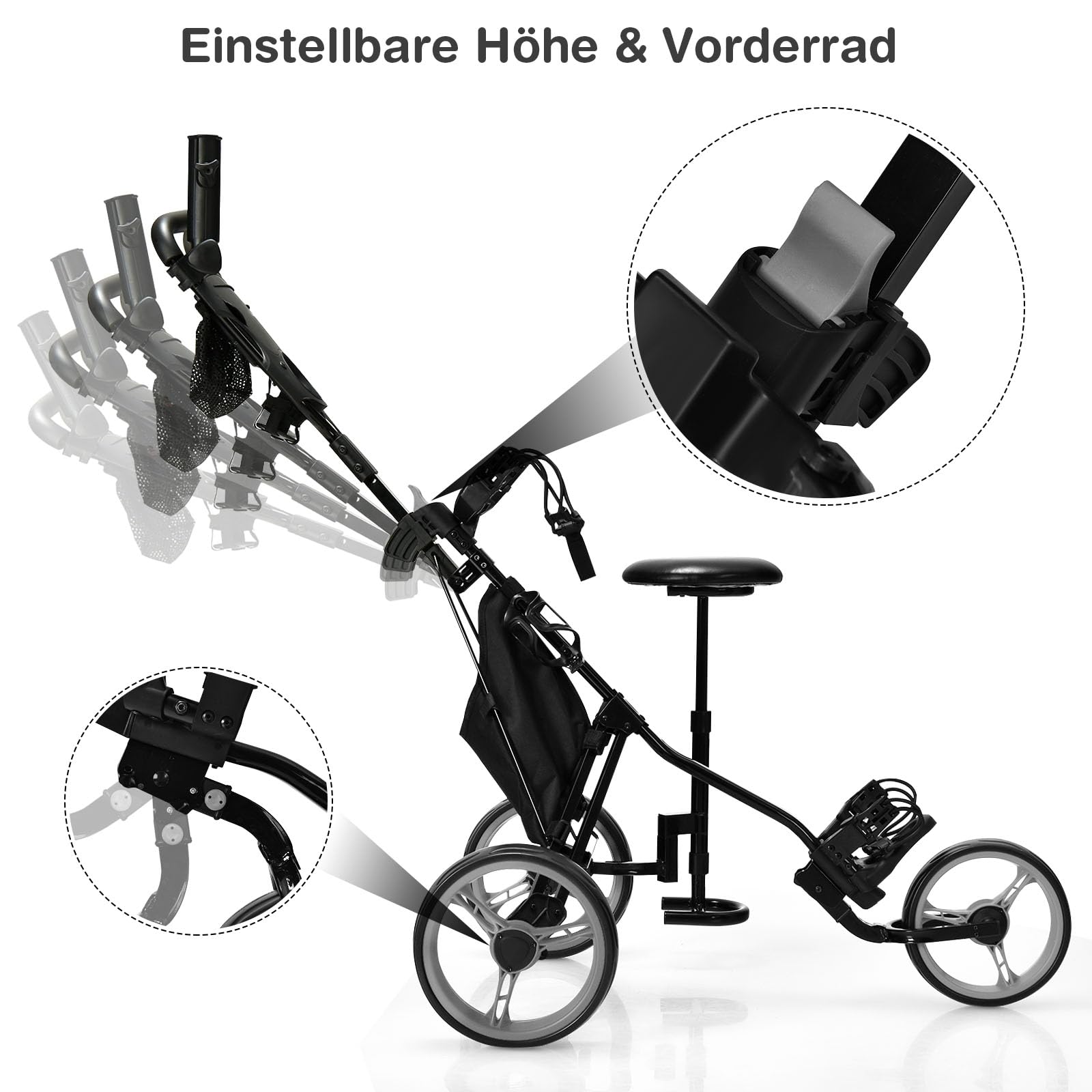 GOPLUS Golf Trolley, Golftrolley 3 Rad mit Verstellbarer Griff, Sitz & Fußbremse, Golfwagen klappbar mit Schirm- und Getränkehalter & wasserdichter Tasche, Golfcaddy Golf Push Cart