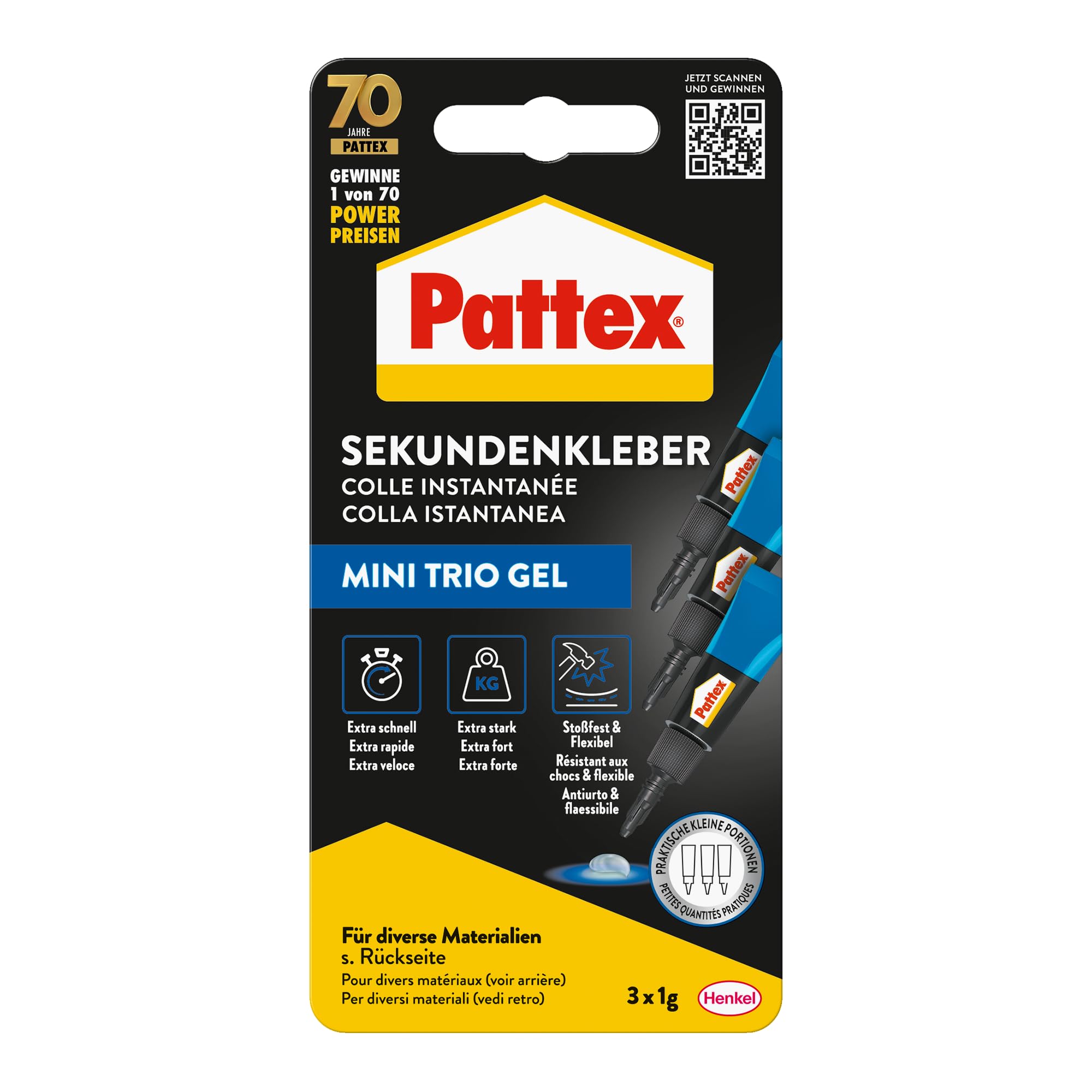 Pattex Sekundenkleber Ultra Gel Mini Trio, extra starker & flexibler Superkleber in 3 Tuben, Sekundenkleber Gel für z. B. Gummi, Leder, Holz, 3x 1 g Tube, 9H PSMG3