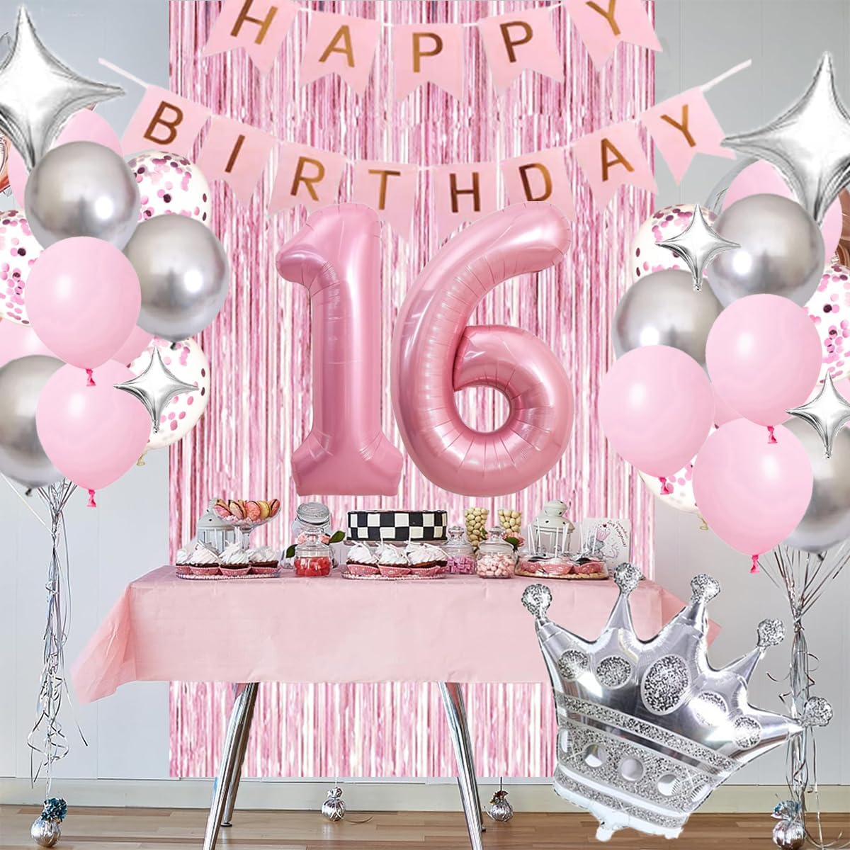 Sweet 16th Birthday Decorations Pink, Happy Birthday Decorations for Girls Pink Silver Balloons Number 16 Balloons,Fringe Curtain, Crown Balloon, Star Balloon for Her Girl 16th Birthday Princess Party - Image 5