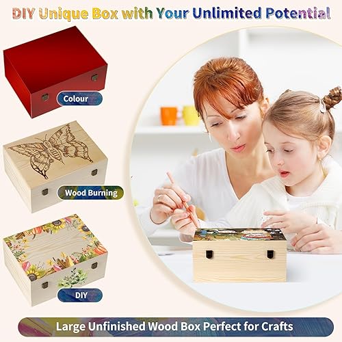 Miniatura 3 de Paquete de 2 cajas de madera sin terminar con tapa, caja grande de madera (14 x 10.4 x 6.5 pulgadas + 12 x 9 x 4.9 pulgadas), cajas de madera de