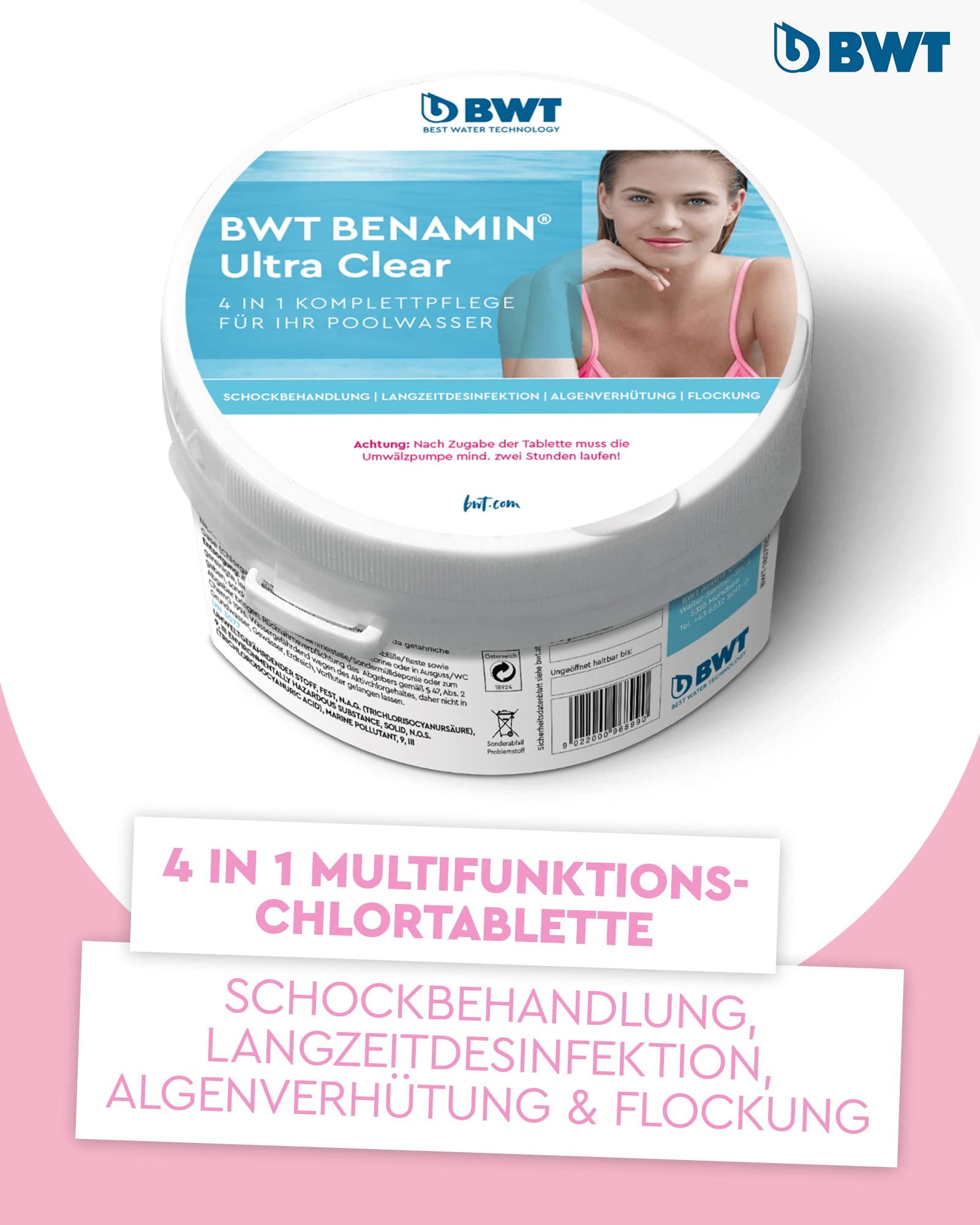 BWT Benamin Ultra Clear Poolpflege Tablette, 5er Pack à 500 g | 4-in-1 Formel, Schockbehandlung, Langzeit-Desinfektion, Algenverhütung & Flockung, Reduzierter Chloreinsatz