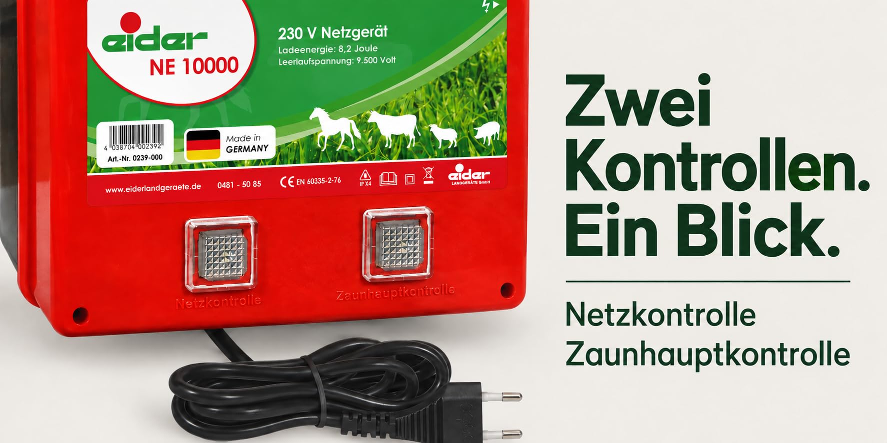 Clôture Appareil Eider ne 10000 0239–000 Bloc d'alimentation 230 V énorme 8.2 Joule – Longue Clôtures, bewuchs puissant pour bovins, Chevaux, chèvres – Top également comme Wild Clôture