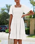 BTFBM Robes Femmes Cou carré Manche volante Moussed Mini Robe de bain casual évasé manches courtes, deux poches latérales, une ligne, taille haute, robe d'été flutter pour les femmes, swing robe de plage Boho