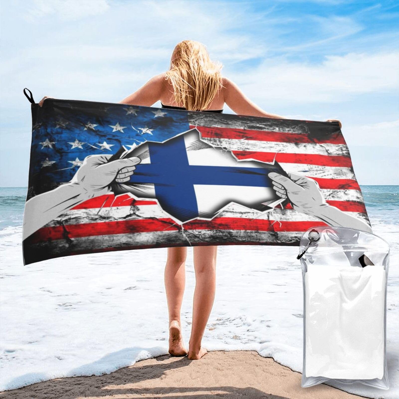 HACXZ American and Finland Flag Vintage Beach Towel Lightweight Absorbent Beach Towel Microfiber 31.5"X63"
