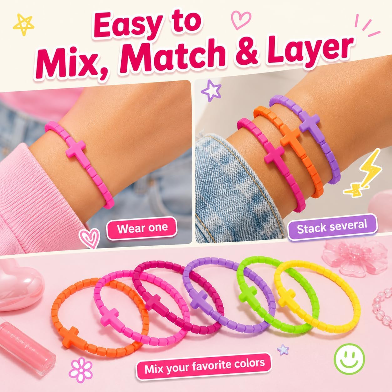 8PCS Colorful Silicone Cross Bracelets, Vibrant Multi-Color Religious Faith Bracelet Set, Stretchable Rubber Jesus Bracelets for Women & Men, Religious Christian Wristbands for Easter Baptism Church Party