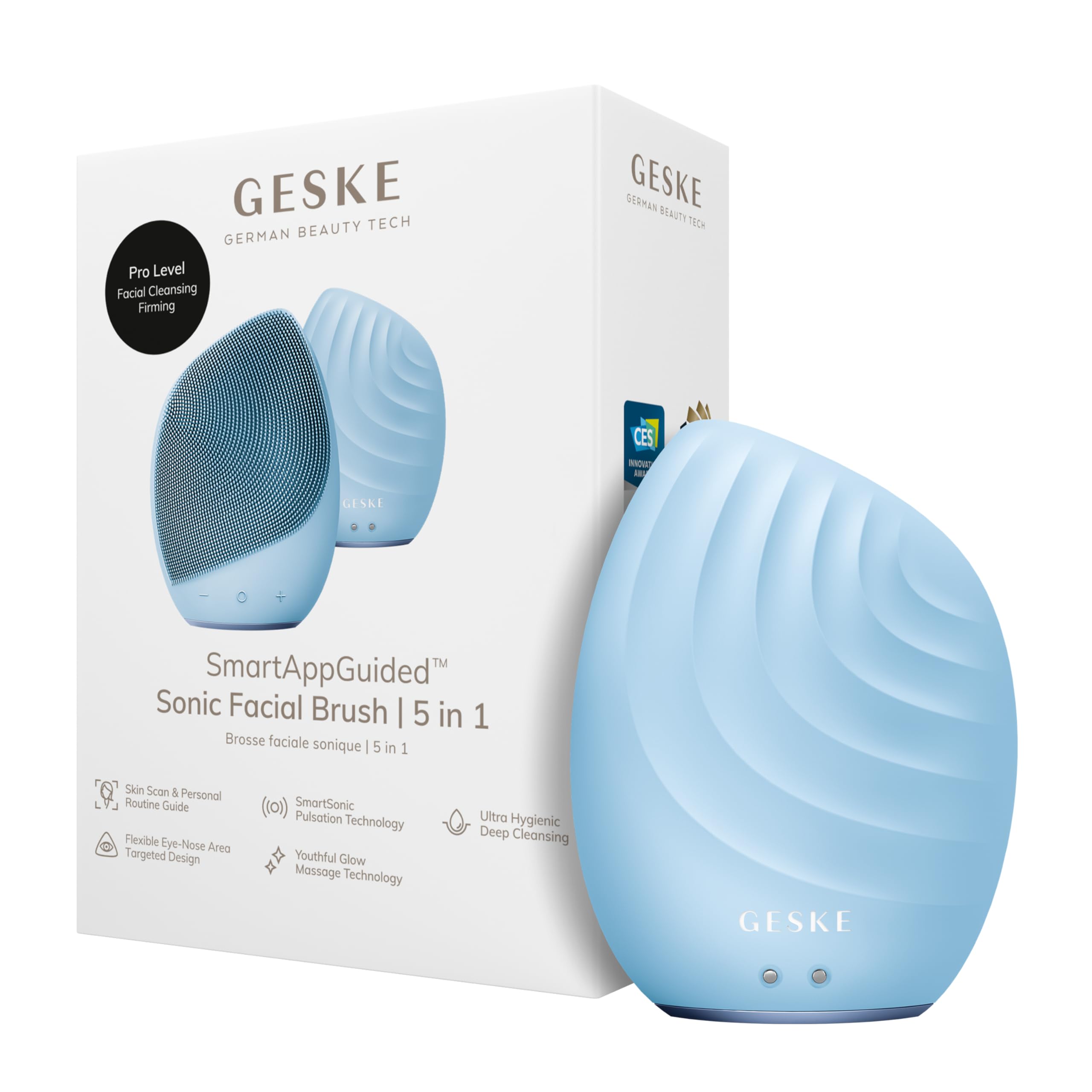 GESKE | Brosse faciale SmartAppGuided™ 5 in 1 | Brosse nettoyante visage électrique | Brosse silicone souple | Nettoyage professionnel visage | Appareil de nettoyage visage | Masseur facial
