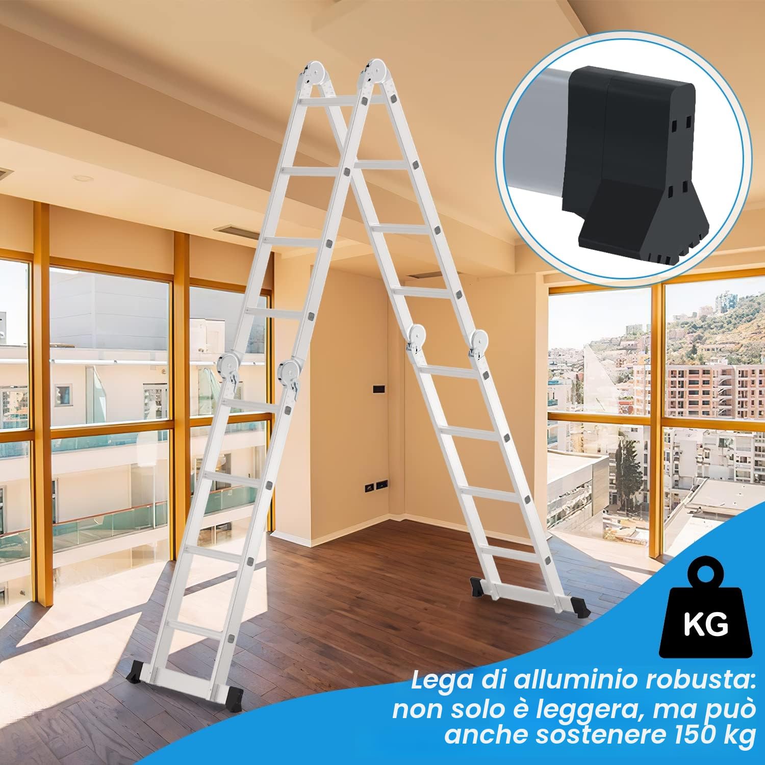 Scala Multiuso in Alluminio 4,7 m - 4 x 4 Gradini Con Piattaforma e 2 Ponteggi - Pieghevole, 16 Gradini, Fino a 150 kg, Argento