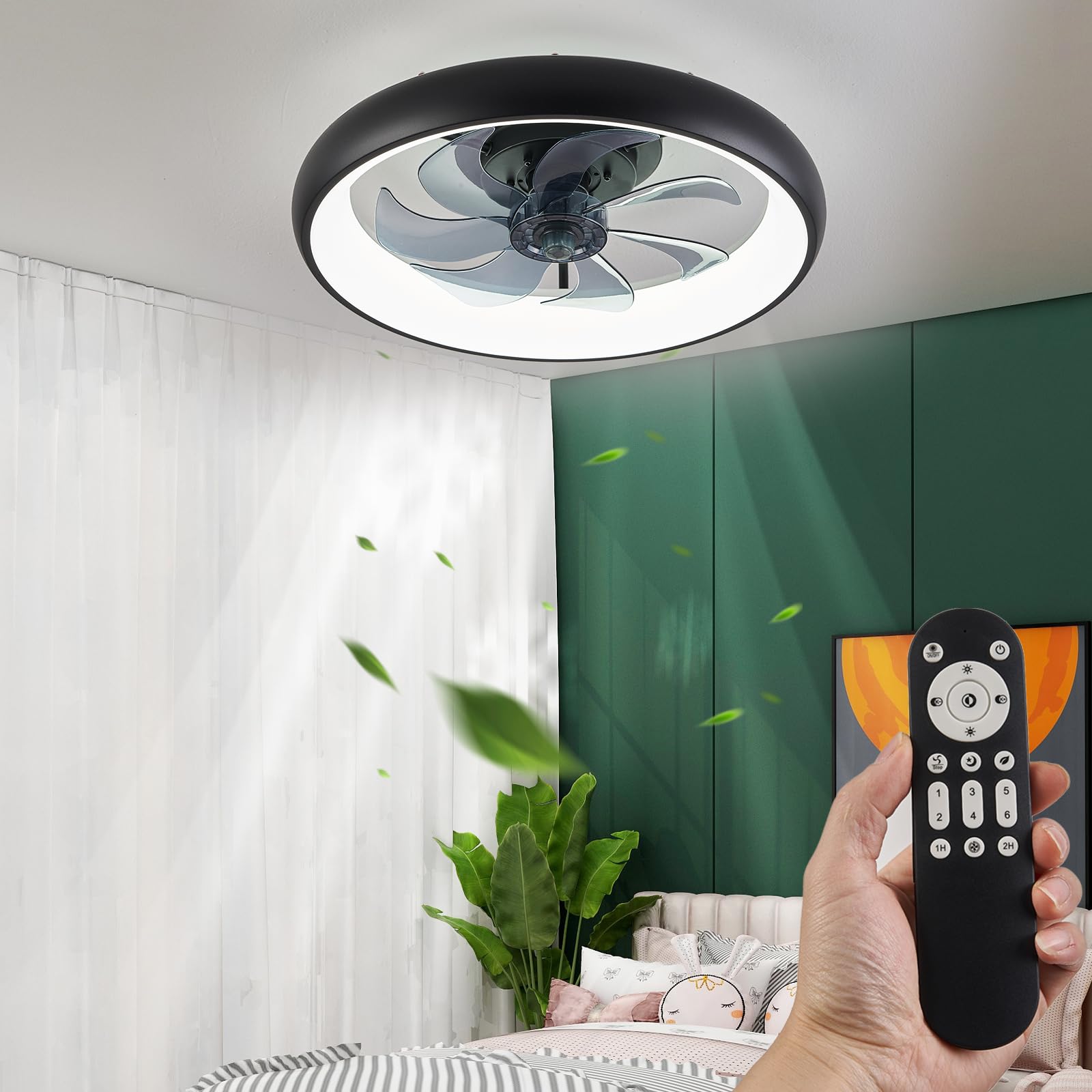 VETRULUS Low Profile Ceiling Fan with Light, 20 Inch Flush Mount Ceiling Fan with Remote Control, Dimmable Bedroom Fan Ceiling Light with 6 Wind Speed, Modern Ceiling Fans with Lights for Living Room