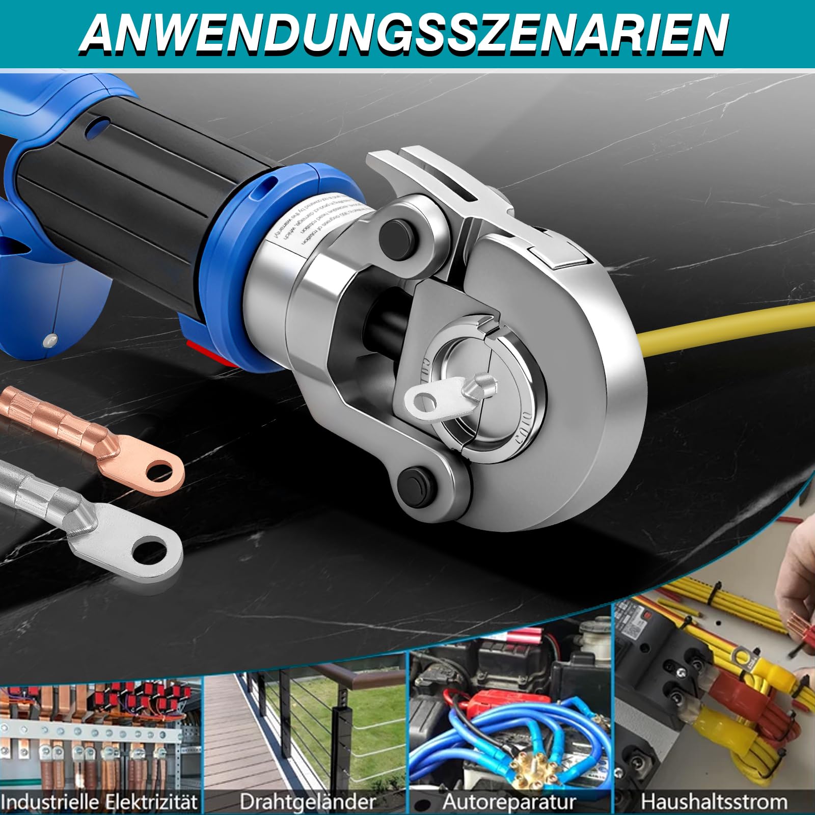 13 mordazas de presión (pinzas de presión) | 4 – 300 mm² | Adecuado para terminales de cable y férulas | Compatible con prensas hidráulicas manuales y eléctricas con insertos intercambiables