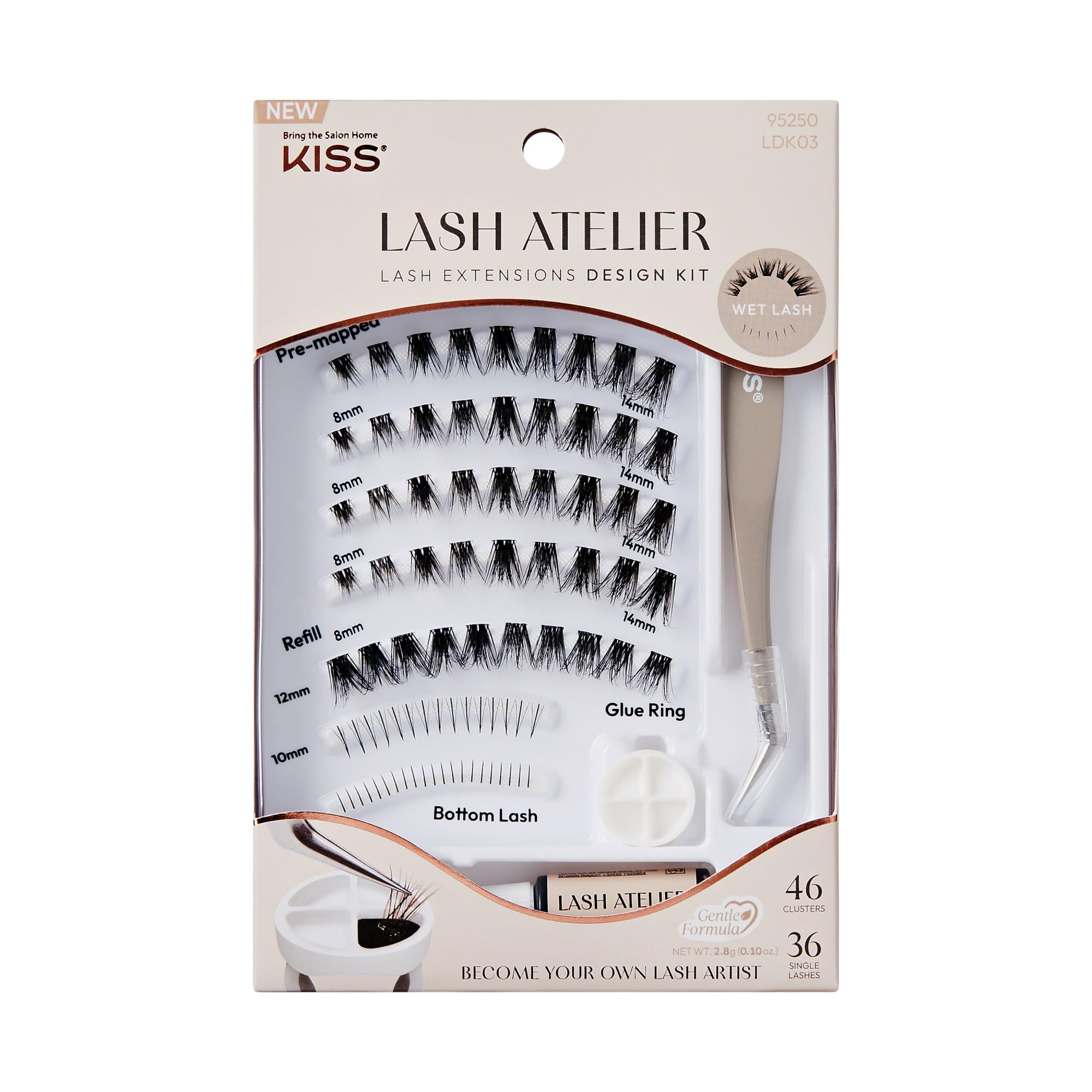 KISS Lash Atelier Professional Lash Extension Kit, ‘Wet Lash’, Pre-Mapped False Eyelashes, 46 Lash Clusters & 36 Individual Lashes, Last For Up To 7
