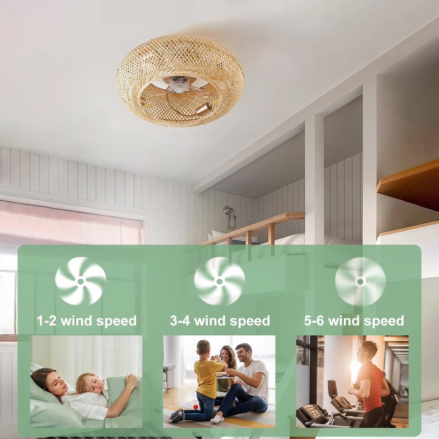 Deckenventilator mit Beleuchtung, Leise E27 Retro Bambus Deckenlampe Mit Ventilator, 50cm Käfigbeleuchtung, 6 Geschwindigkeiten Reversibler Deckenventilatoren für Wohnzimmer Schlafzimmer Esszimmer