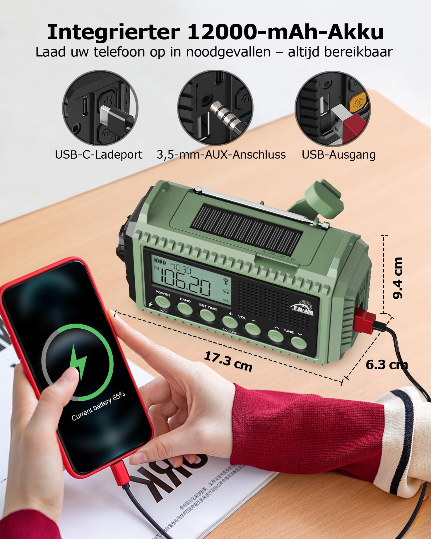 Roxicosly Radio d'urgence à manivelle AM/FM/SW - Radio solaire portable avec batterie de 12000 mAh - Écran LCD - Lampe de poche et lampe de lecture - USB - Alarme SOS, manivelle - Équipement d'urgence