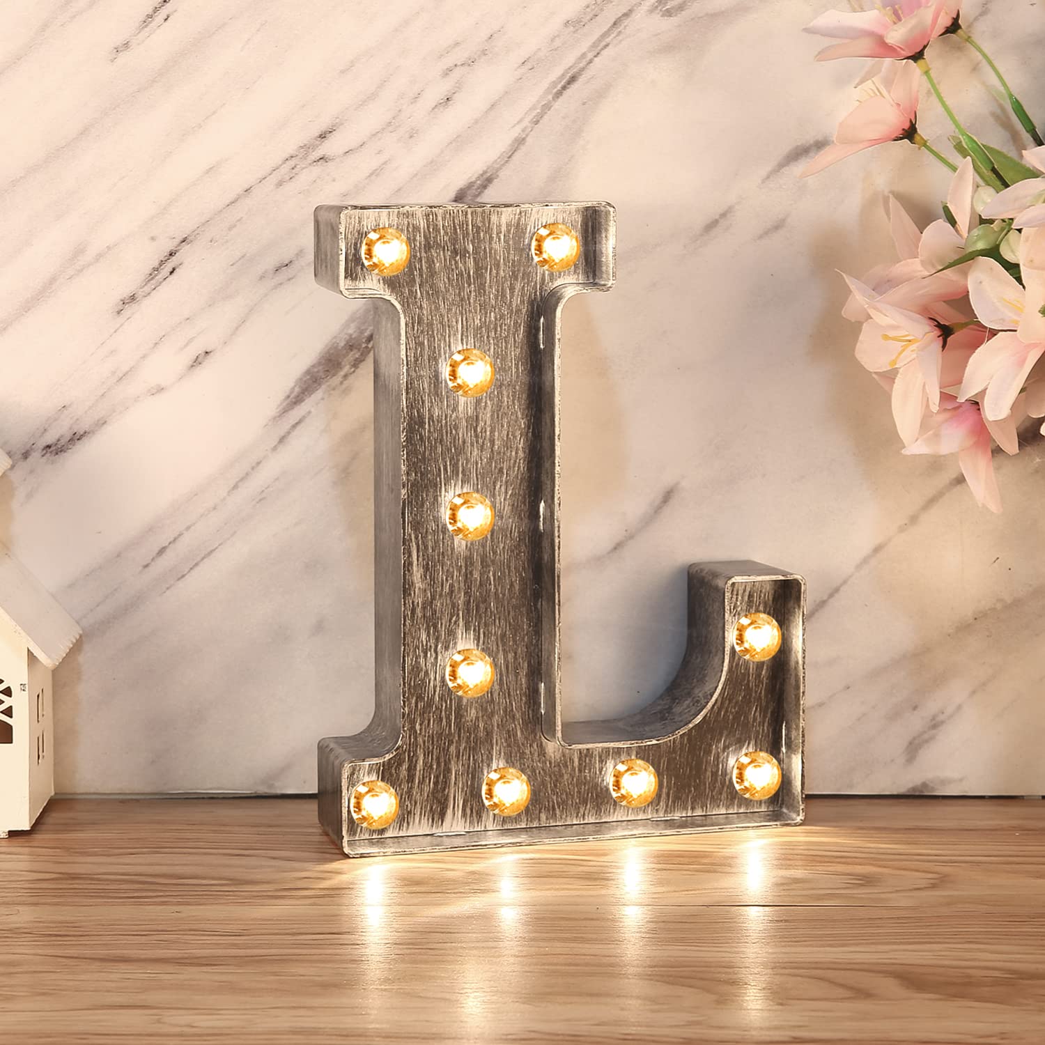 Light up Letters Silver Grey LED Marquee Letter Lights Sign for Cafe Wedding Birthday Party Christmas Lamp Home Bar Initials Decor - L