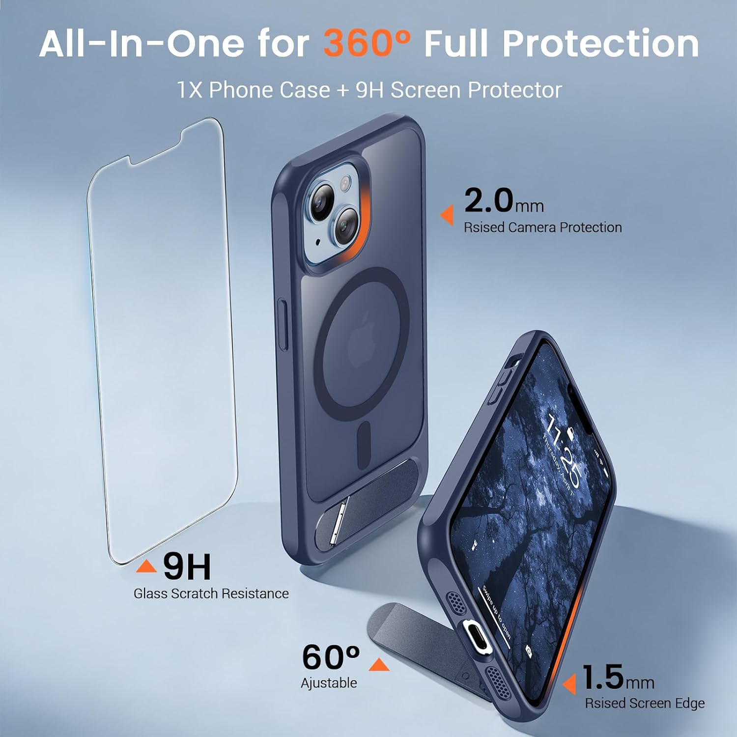 Magnetic for iPhone 14 Case & iPhone 13 Case (Built-in Invisible Kickstand)(Screen Protector)(Compatible with MagSafe)(Military Grade Shockproof) Translucent Matte Slim Phone Cover,Dark Blue thumbnail
