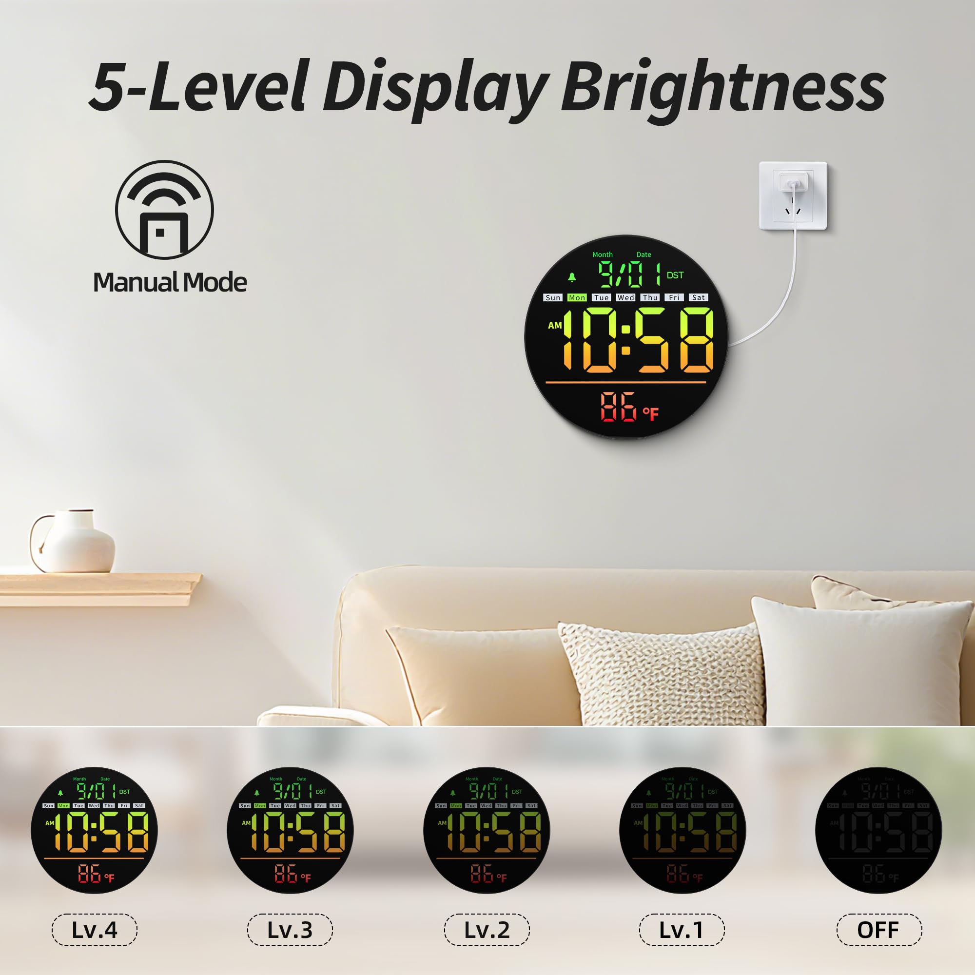 Maxstar 8’’ Digitale Wanduhr mit Nachtlicht, Alarm, 11 RGB-Farben, Temperaturanzeige, Sekunden, 5-stufige Helligkeit, Datum & Wochentag, Moderne elektrische LED Wanduhr für Schlafzimmer und Wohnzimmer