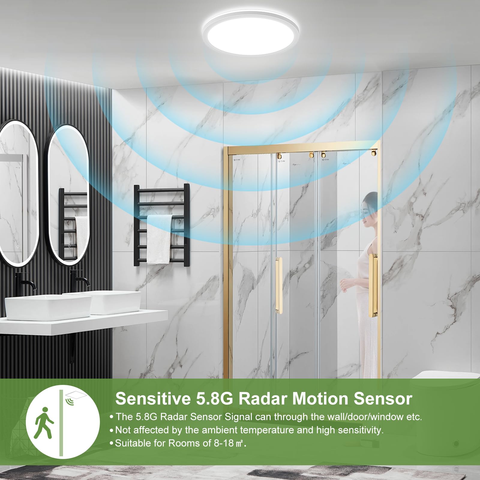 LEZOE Lampa sufitowa LED z czujnikiem ruchu, 18W 2000lm radarowym, ściemnialna, 3000K/4000K/6500K, do łazienki, garażu, na schody, do piwnicy, na korytarz, balkon, wejście, 22cm
