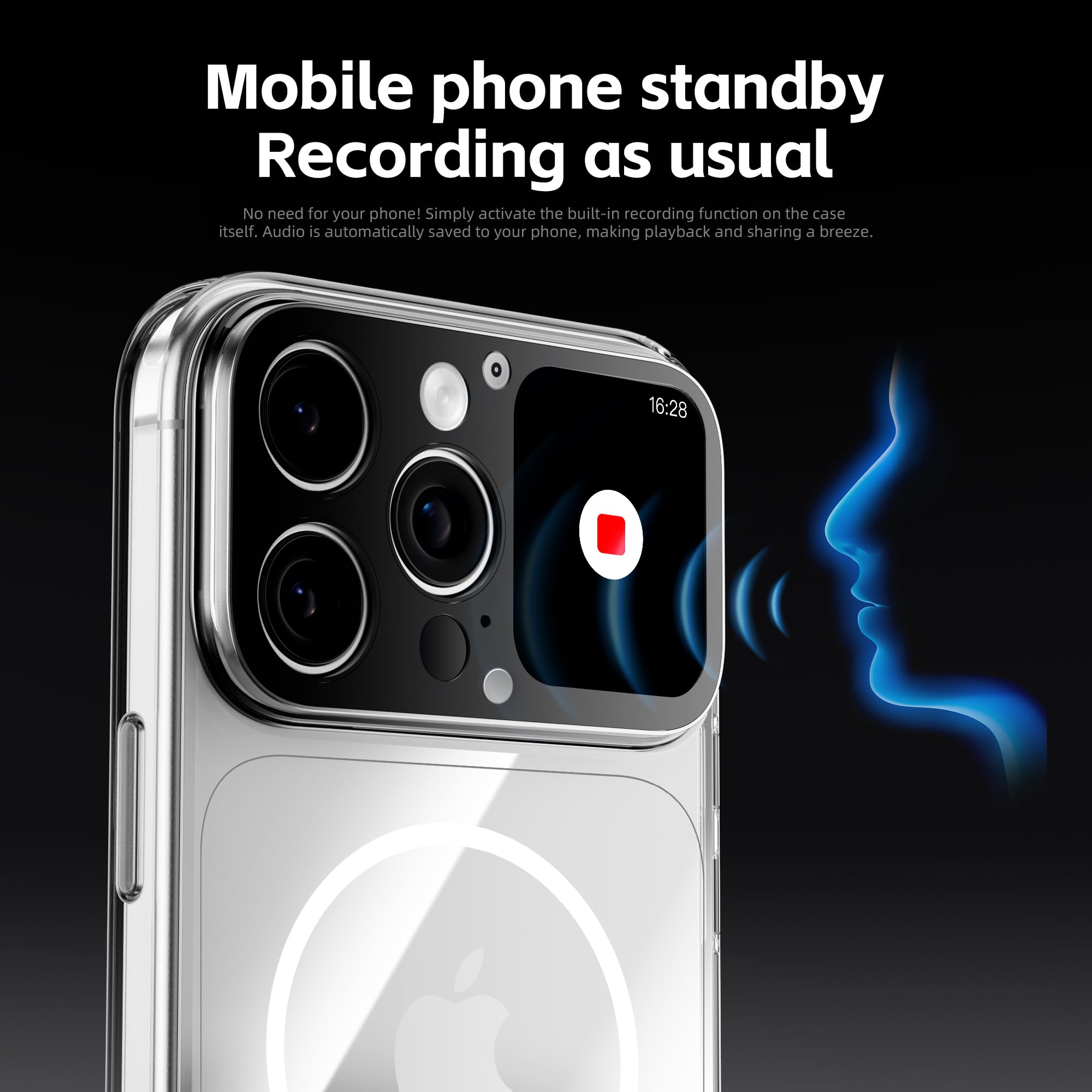 mart Screen Phone Case per iPhone 16 Pro Max, display HD da 1,85 pollici, anteprima dal vivo, ID chiamante, commenti proiettili, registrazione con un tocco, ricarica magnetica, custodia