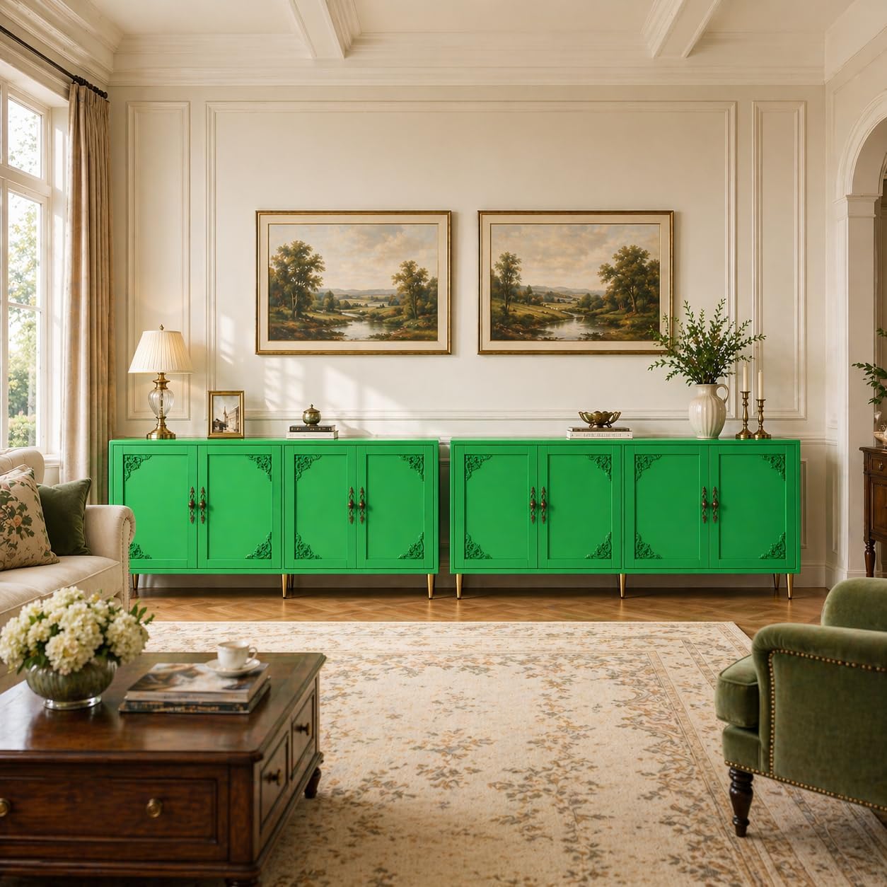 AUN Sage Green Accent Cabinet with Art Deco Carving & Gold Hardware, 58" Wide Sideboard Buffet with Adjustable Shelves, 200lb Capacity Storage Cabinet for Living Room,Kitchen,Coffee Bar