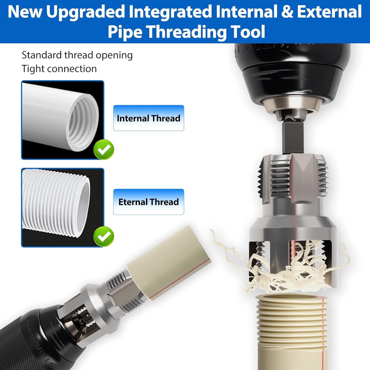 3PCS PVC Pipe Threader Tool Kit-1/2" 3/4" 1" Dual-Function Integrated Internal & External Pipe Threading Tool for Water Pipe,Drill Compatible Threading Tool for Pipe Projects and Home Repairs