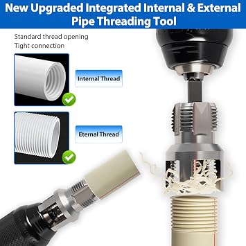 3PCS PVC Pipe Threader Tool Kit-1/2 3/4 1 Dual-Function Integrated Internal & External Pipe Threading Tool for Water Pipe,Drill Compatible Threading Tool for Pipe Projects and Home Repairs
