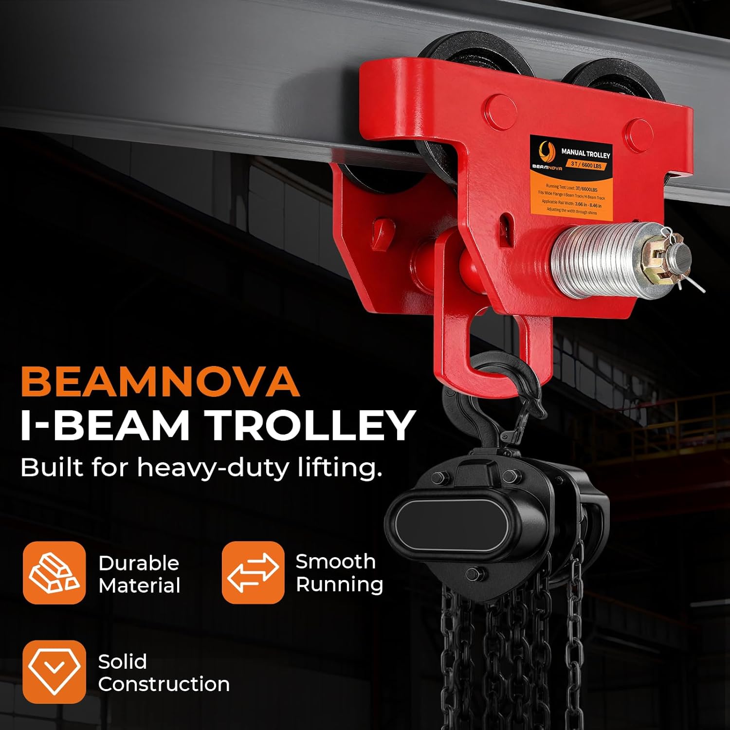 BEAMNOVA I Beam Trolley 3 Ton Manual Adjustable for I-Beam Flange Width 3.66" to 8.46", Overhead Push Beam Trolley Heavy Duty Dual Side Wheels, for Garage Hoist for Straight Curved I Beam